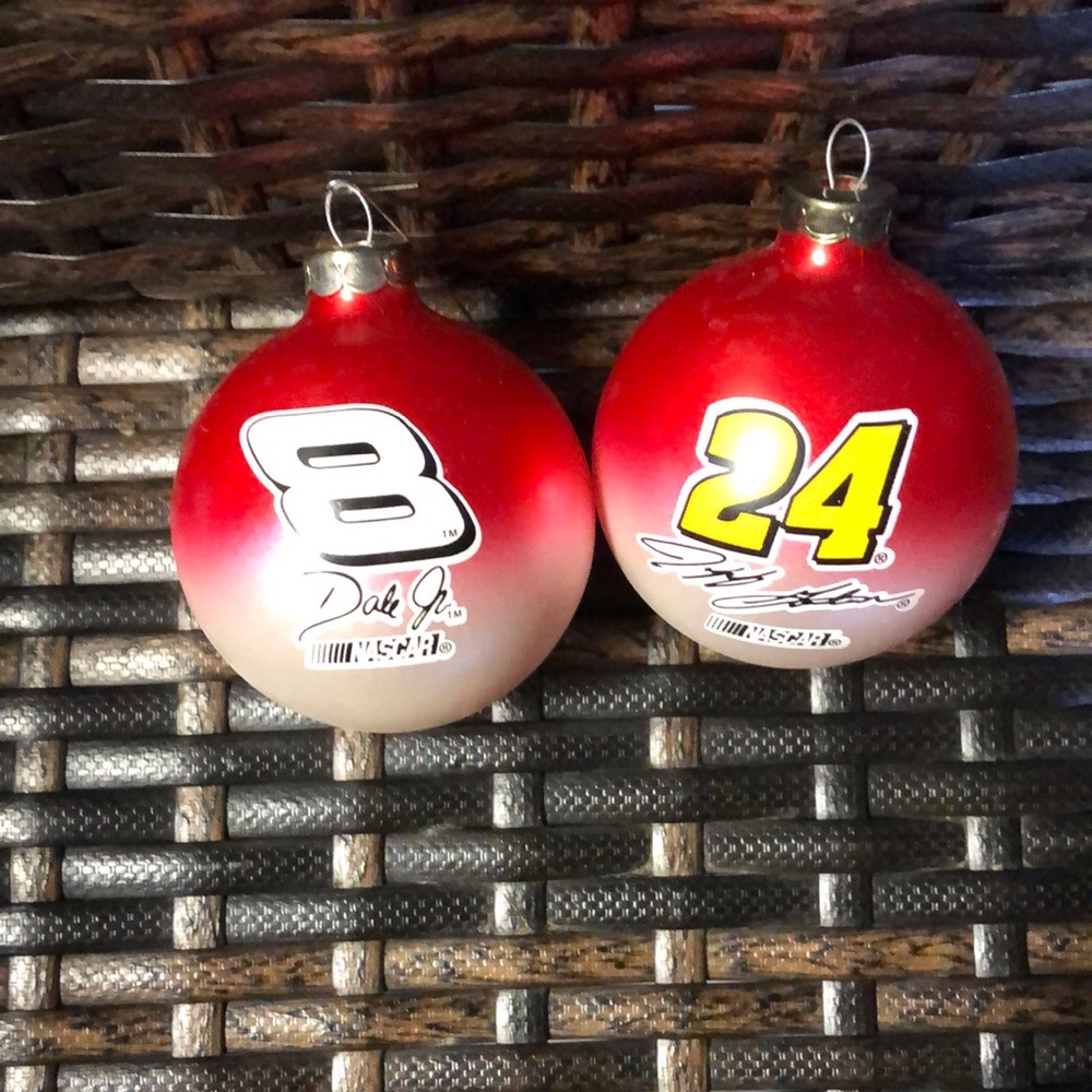 Set of 2 nascar glass ornaments